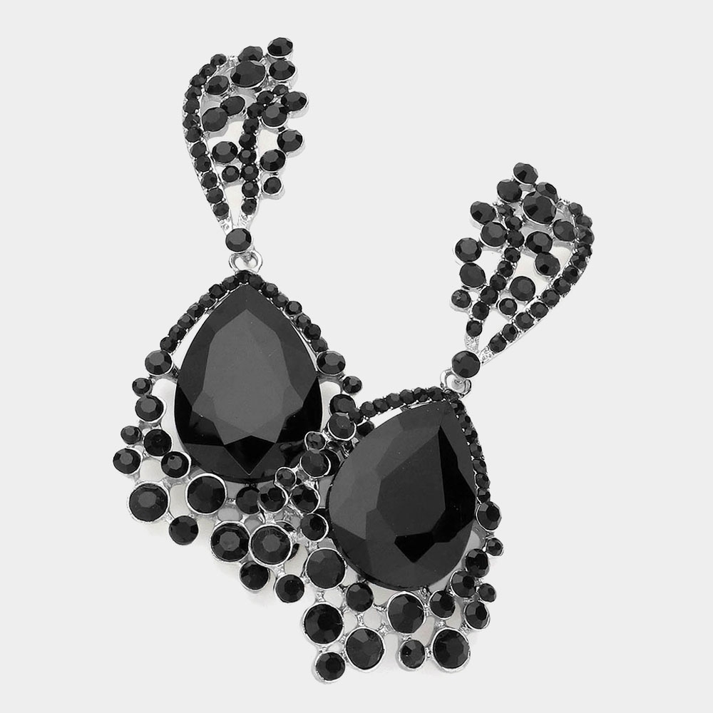 Black Dangle Crystal Teardrop Earrings 3.25 Inch Chunky Statement Jewelry